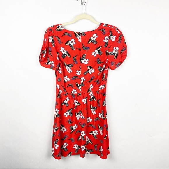 Topshop Red Tropical Floral Tea Dress V-Neck Shoret Sleeve Size 2 Back Zipper - Picture 3 of 6